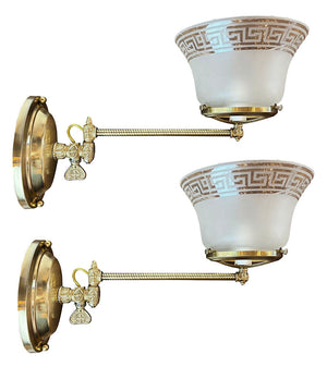 $800 PAIR - Circa 1890s Coverted Gas Swing Arm Sconces with Antique Original Greek Key Pattern Shades