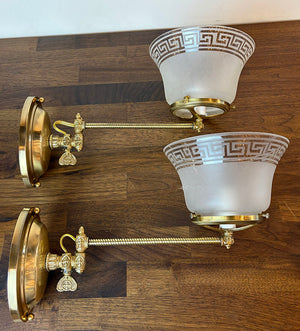 $800 PAIR - Circa 1890s Coverted Gas Swing Arm Sconces with Antique Original Greek Key Pattern Shades