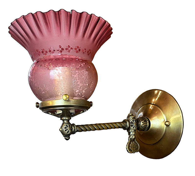 Antique Circa 1890s Converted Gas Stationary Sconce with Antique Ruffled Etched Cranberry