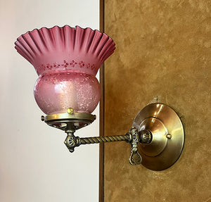 Antique Circa 1890s Converted Gas Stationary Sconce with Antique Ruffled Etched Cranberry