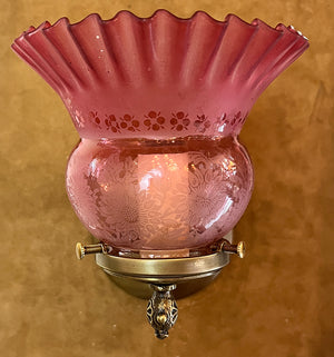 Antique Circa 1890s Converted Gas Stationary Sconce with Antique Ruffled Etched Cranberry