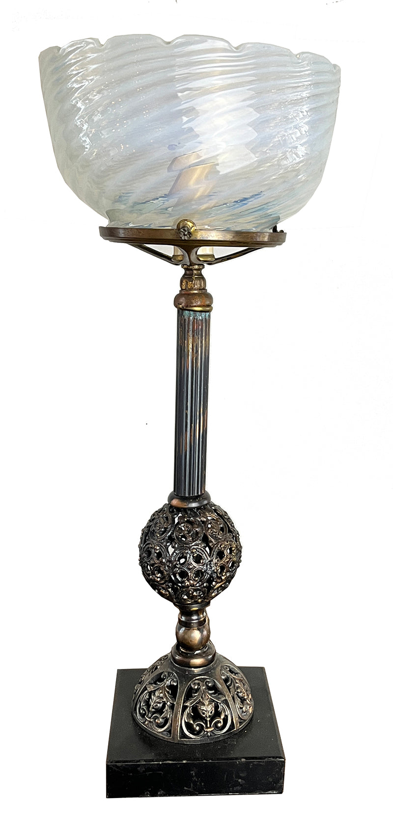 Antique Late 1880s early 1900s Converted Gas Portable Lamp with Original Japanned Copper FInish and Opal Swirl Shade