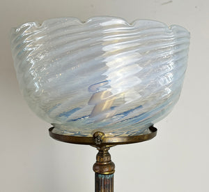 Antique Late 1880s early 1900s Converted Gas Portable Lamp with Original Japanned Copper FInish and Opal Swirl Shade