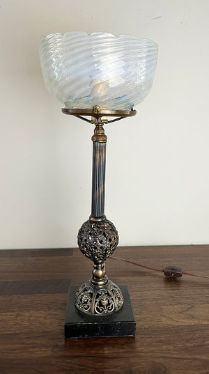 Antique Late 1880s early 1900s Converted Gas Portable Lamp with Original Japanned Copper FInish and Opal Swirl Shade