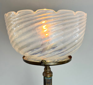 Antique Late 1880s early 1900s Converted Gas Portable Lamp with Original Japanned Copper FInish and Opal Swirl Shade
