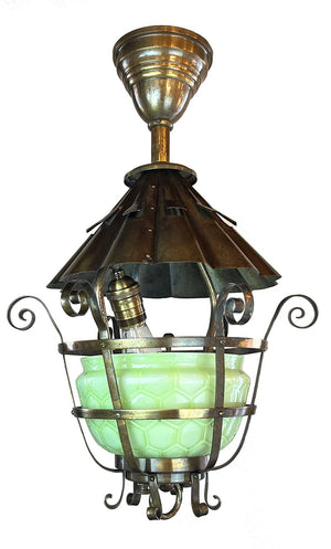 Antique Circa 1895 Converted Gas Electric Scroll Work Lantern with Honeycomb Vaseline Glass Shade