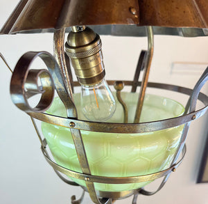 Antique Circa 1895 Converted Gas Electric Scroll Work Lantern with Honeycomb Vaseline Glass Shade