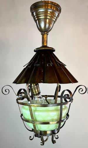 Antique Circa 1895 Converted Gas Electric Scroll Work Lantern with Honeycomb Vaseline Glass Shade