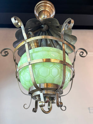 Antique Circa 1895 Converted Gas Electric Scroll Work Lantern with Honeycomb Vaseline Glass Shade