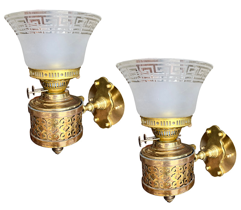 $900 PAIR - Antique CIrca 1880s English Converted Oil Lamp Wall Sconces with Original Greek Key Etched Shades