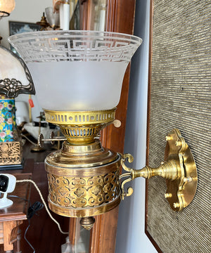 $900 PAIR - Antique CIrca 1880s English Converted Oil Lamp Wall Sconces with Original Greek Key Etched Shades