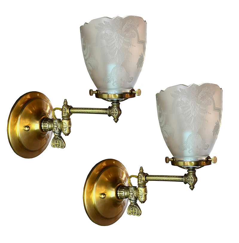 $750 PAIR - Antique Circa 1890s Gas Swing Arm Wall Sconces with Patterned Tubing and Antique Acid Etched Shades