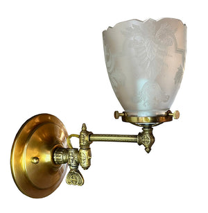 $750 PAIR - Antique Circa 1890s Gas Swing Arm Wall Sconces with Patterned Tubing and Antique Acid Etched Shades