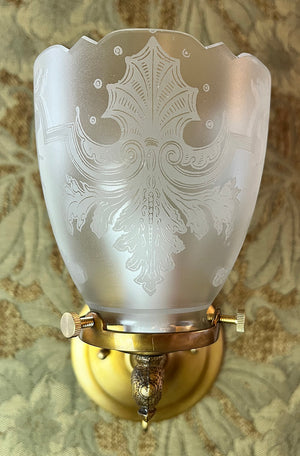 $750 PAIR - Antique Circa 1890s Gas Swing Arm Wall Sconces with Patterned Tubing and Antique Acid Etched Shades