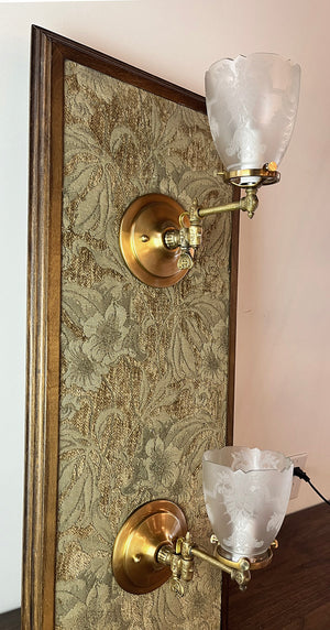 $750 PAIR - Antique Circa 1890s Gas Swing Arm Wall Sconces with Patterned Tubing and Antique Acid Etched Shades