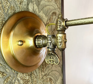 $750 PAIR - Antique Circa 1890s Gas Swing Arm Wall Sconces with Patterned Tubing and Antique Acid Etched Shades