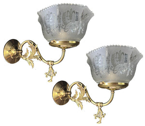 $900 PAIR - Antique Circa 1890 Converted Gas Scroll Arm Sconces with Acanthus Filigree and Antique Etched NeoClassical Shades