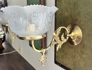 $1350 SET OF 3 - $450 EACH - Antique Circa 1890 Converted Gas Scroll Arm Sconces with Acanthus Filigree and Antique Etched NeoClassical Shades
