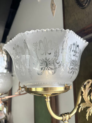 $900 PAIR - Antique Circa 1890 Converted Gas Scroll Arm Sconces with Acanthus Filigree and Antique Etched NeoClassical Shades