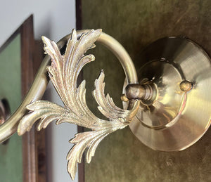 $1350 SET OF 3 - $450 EACH - Antique Circa 1890 Converted Gas Scroll Arm Sconces with Acanthus Filigree and Antique Etched NeoClassical Shades