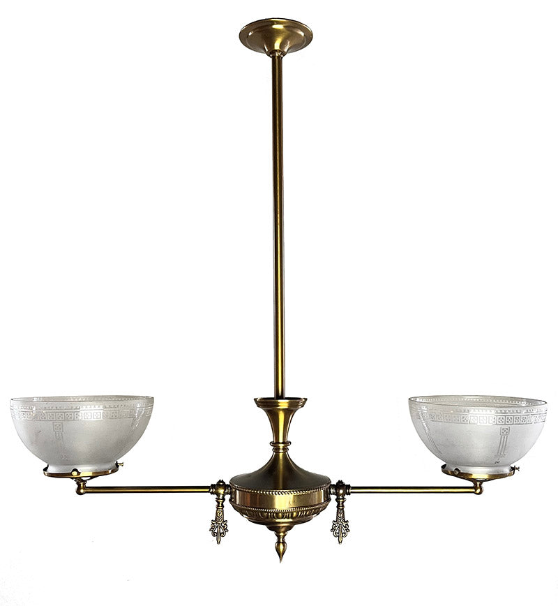 Antique Circa 1900 Converted Gas Two Light with Egg and Dart Motif and Original Etched Shades