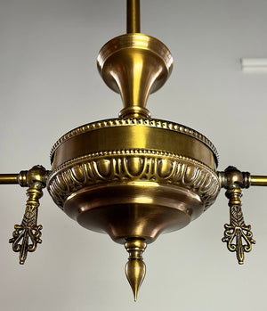 Antique Circa 1900 Converted Gas Two Light with Egg and Dart Motif and Original Etched Shades
