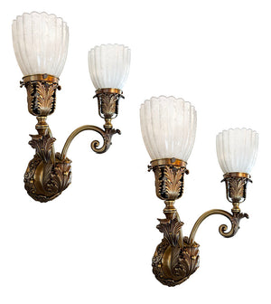 $2000 PAIR -Stunning Pair of Circa 1905 Edwardian Cast Acanthus Scroll Arm Wall Sconces with Original Fluted Etched Shades