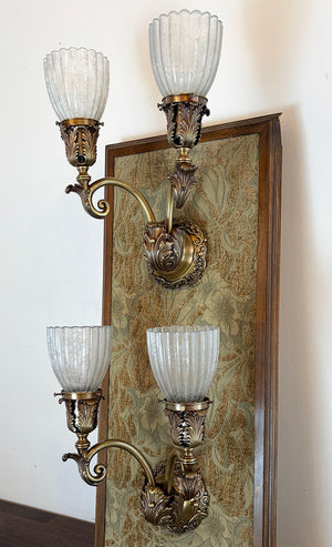 $2000 PAIR -Stunning Pair of Circa 1905 Edwardian Cast Acanthus Scroll Arm Wall Sconces with Original Fluted Etched Shades
