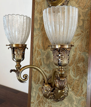 $2000 PAIR -Stunning Pair of Circa 1905 Edwardian Cast Acanthus Scroll Arm Wall Sconces with Original Fluted Etched Shades