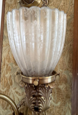 $2000 PAIR -Stunning Pair of Circa 1905 Edwardian Cast Acanthus Scroll Arm Wall Sconces with Original Fluted Etched Shades