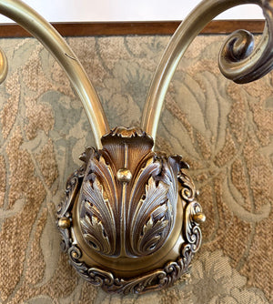 $2000 PAIR -Stunning Pair of Circa 1905 Edwardian Cast Acanthus Scroll Arm Wall Sconces with Original Fluted Etched Shades