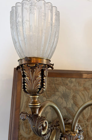 $2000 PAIR -Stunning Pair of Circa 1905 Edwardian Cast Acanthus Scroll Arm Wall Sconces with Original Fluted Etched Shades