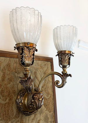 $2000 PAIR -Stunning Pair of Circa 1905 Edwardian Cast Acanthus Scroll Arm Wall Sconces with Original Fluted Etched Shades
