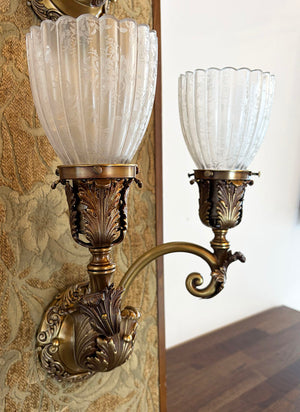 $2000 PAIR -Stunning Pair of Circa 1905 Edwardian Cast Acanthus Scroll Arm Wall Sconces with Original Fluted Etched Shades
