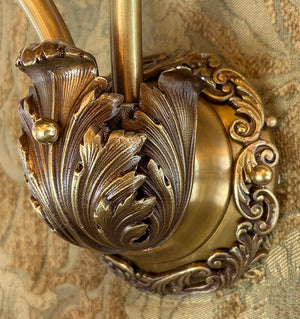 $2000 PAIR -Stunning Pair of Circa 1905 Edwardian Cast Acanthus Scroll Arm Wall Sconces with Original Fluted Etched Shades