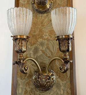 $2000 PAIR -Stunning Pair of Circa 1905 Edwardian Cast Acanthus Scroll Arm Wall Sconces with Original Fluted Etched Shades