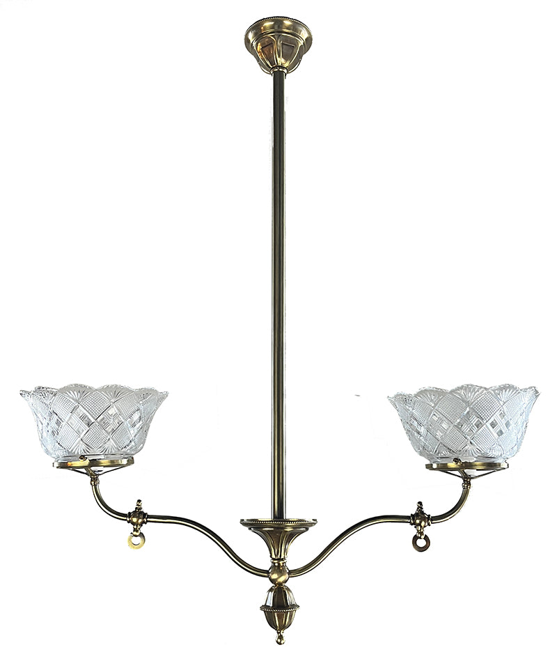 Antique 1890-1900 Two Light Converted Gas Fixture with Antique Pressed Glass Prismatic Shades