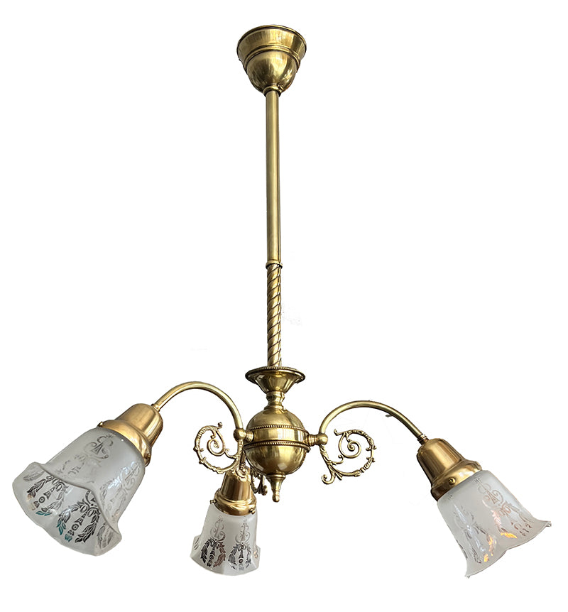 Antique Circa 1900 Early Electric Three Light Edwardian Fixture With Filigree and Antique Wreath and Torch Etched Shades