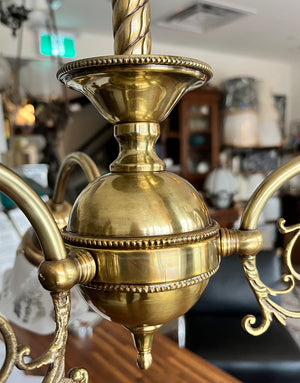 Antique Circa 1900 Early Electric Three Light Edwardian Fixture With Filigree and Antique Wreath and Torch Etched Shades