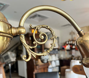 Antique Circa 1900 Early Electric Three Light Edwardian Fixture With Filigree and Antique Wreath and Torch Etched Shades