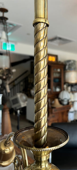 Antique Circa 1900 Early Electric Three Light Edwardian Fixture With Filigree and Antique Wreath and Torch Etched Shades