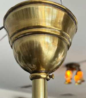 Antique Circa 1900 Early Electric Three Light Edwardian Fixture With Filigree and Antique Wreath and Torch Etched Shades