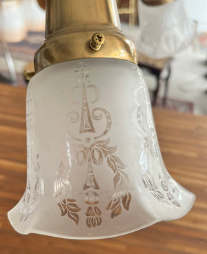 Antique Circa 1900 Early Electric Three Light Edwardian Fixture With Filigree and Antique Wreath and Torch Etched Shades