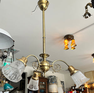 Antique Circa 1900 Early Electric Three Light Edwardian Fixture With Filigree and Antique Wreath and Torch Etched Shades