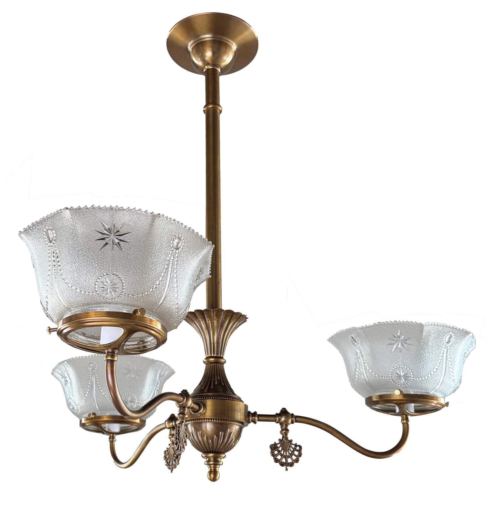 Antique Circa 1890s Coverted Gas Three Light Fixture with Pressed Glass Star Pattern Shade