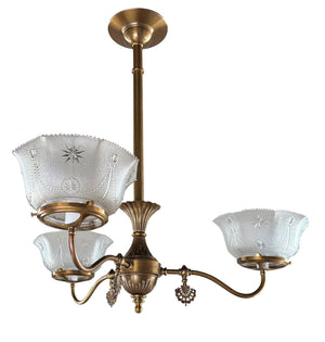 Antique Circa 1890s Coverted Gas Three Light Fixture with Pressed Glass Star Pattern Shade