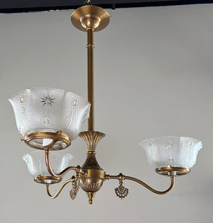 Antique Circa 1890s Coverted Gas Three Light Fixture with Pressed Glass Star Pattern Shade