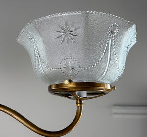 Antique Circa 1890s Coverted Gas Three Light Fixture with Pressed Glass Star Pattern Shade