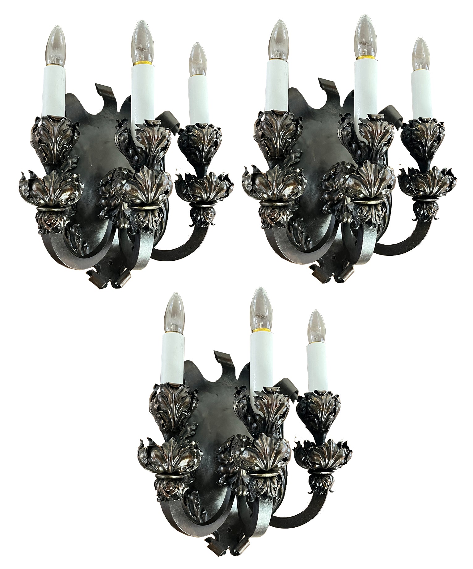 SET OF 3 SCONCES AVAILABLE - $3500 SET  - Antique Circa 1895-1900 Grand Beaux Arts Three Light Shield Back and Detailed Acanthus Scocnes