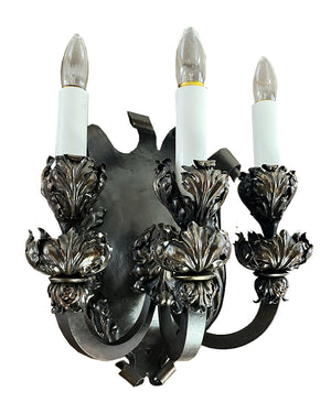 SET OF 3 SCONCES AVAILABLE - $3500 SET  - Antique Circa 1895-1900 Grand Beaux Arts Three Light Shield Back and Detailed Acanthus Scocnes